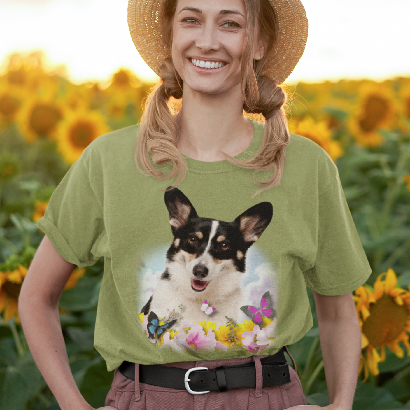 Corgi T-shirt Flowers & Butterflies